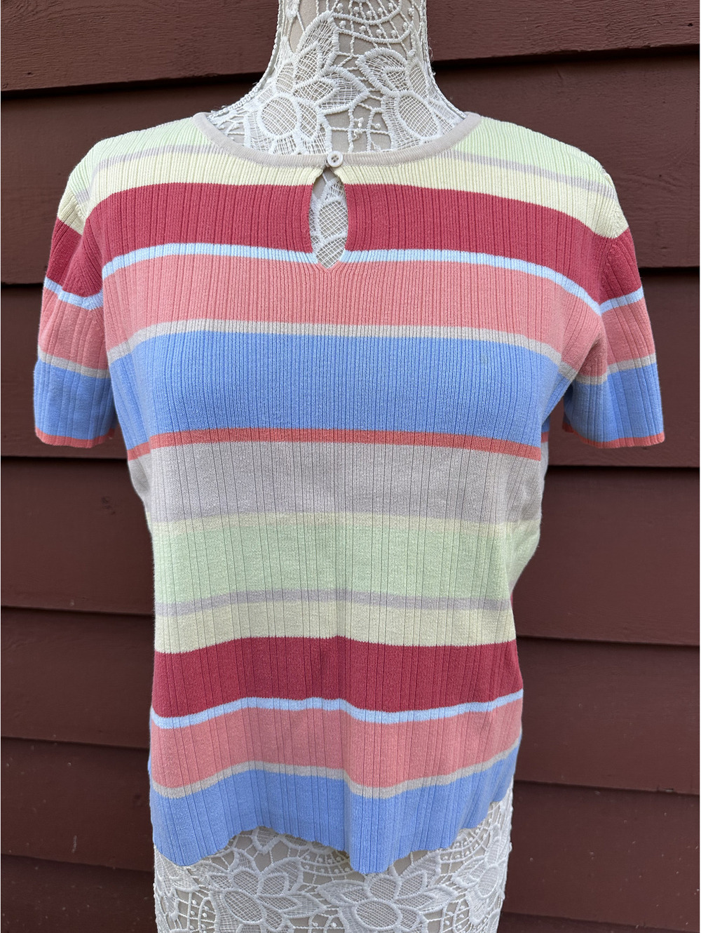 Cherokee Vintage‎ Style Knit Top Multicolor Striped Keyhole Button